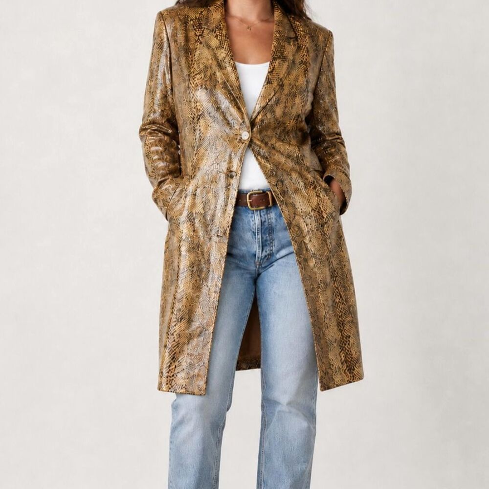 Vintage Brown Snake Print Long Coat Size Medium